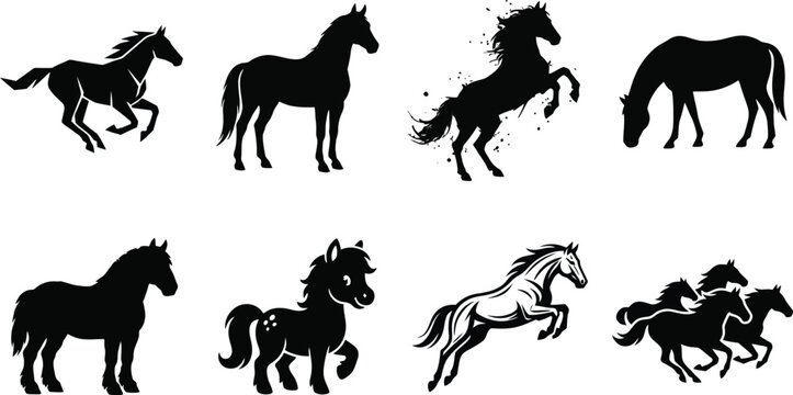 Collection of diverse horse silhouettes featuring running stallion standing mare rearing mustang grazing pony cartoon colt jumping thoroughbred and herd illustrations