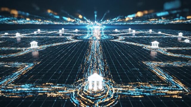 Abstract Digital Network Representing Centralized Banking Systems and Global Financial Data Connectivity with Glowing Neon Elements