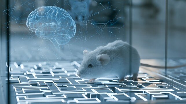 A laboratory scene with a white mouse navigating a glowing maze while a translucent brain scan hovers above, analytical mood, cool clinical lighting, split-screen composition.