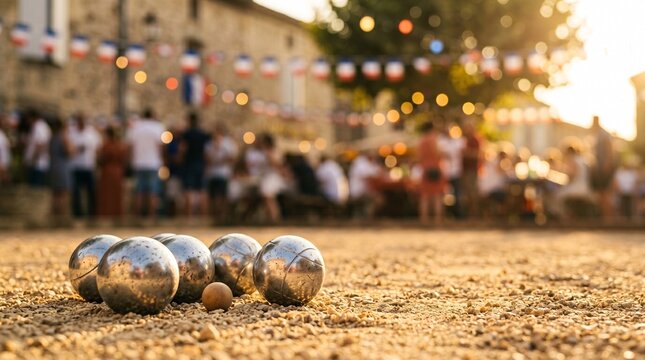 Silver p&eacute;tanque boules in dry golden gravel, French village square Bastille Day celebration at golden hour