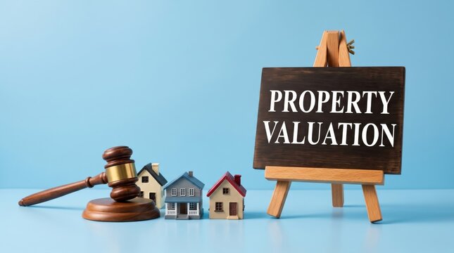 Property valuation sign on wooden easel, real estate appraisal concept with house models, judge gavel for legal auction and foreclosure