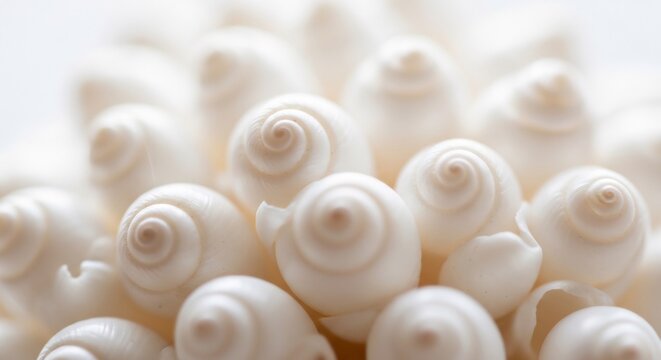 A closeup view of numerous small white snail shells with spiral designs isolated on white background