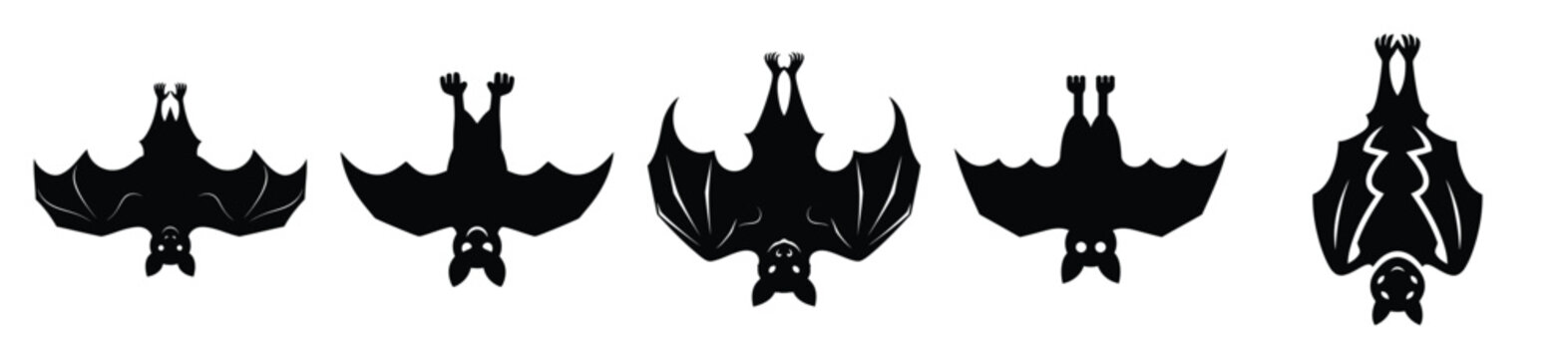 Five black silhouette bats hanging upside down vector illustration