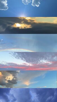 Collage of different types of sky: evening, sunset, daytime, rainbow, epic