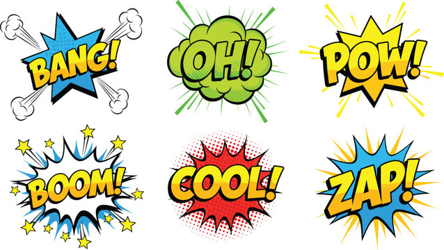 Comic book speech bubbles action words bang pow boom zap