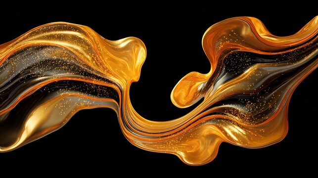 Abstract flowing liquid gold waves with sparkling particles creating a luxurious smooth texture on a deep dark black background surface