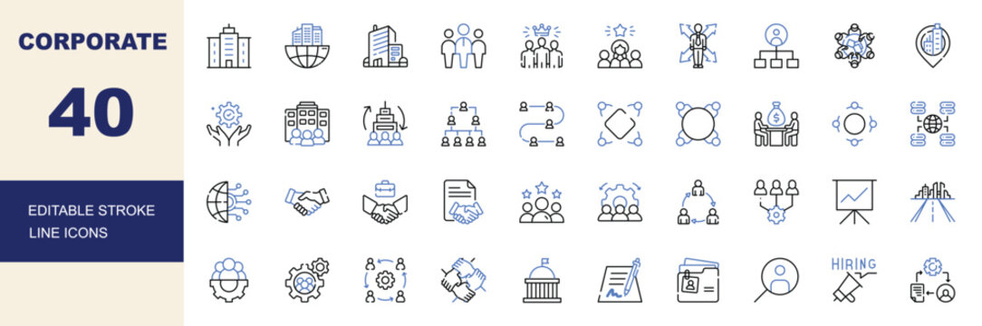 Corporate Business and Organization Line Icons Set Editable Stroke Vector Illustration