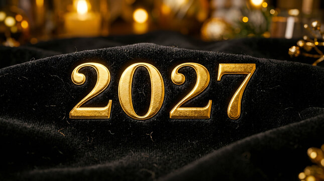 Golden 2027 Numbers on Black Velvet with Bokeh Lights