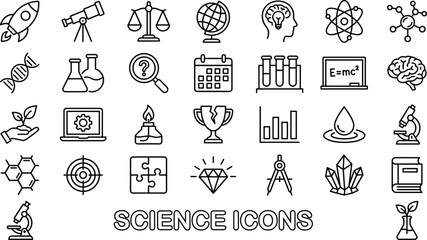 Fototapeta premium Creative minimalist outline style collection of twenty-nine science icons featuring essential laboratory research, education physics.