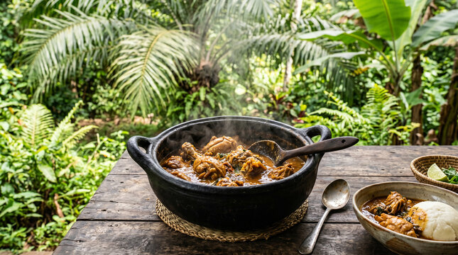 West African peanut stew in clay pot with fufu and jungle backdrop