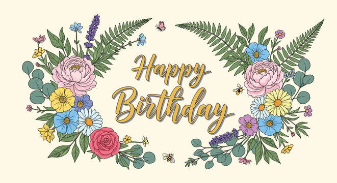 Two large floral bouquets with pink peonies and blue daisies flank a golden happy birthday message on a cream background.