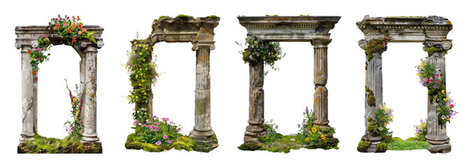 Naklejka premium PNG Ancient stone columns adorned with vibrant flowers, transparent background