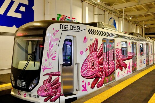 Light Rail with Pink Axolotl Artwork (Mexico City, CDMX, Mexico &ndash; June 13, 2026)