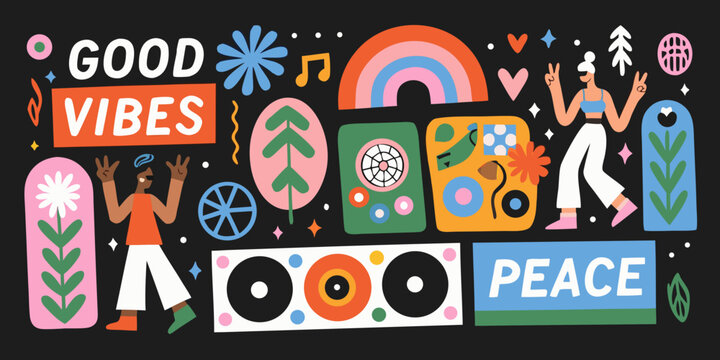 Retro themed floral and geometric illustration with vibrant color blocks