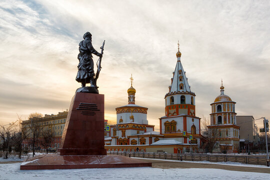 View of the Cathedral of the Epiphany and monument to the founders of Irkutsk,  Russia