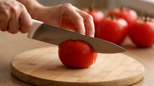 Close-up shot of hands using a sharp kitchen knife to slice a fresh red tomato on a wooden cutting board, with more tomatoes in the background.