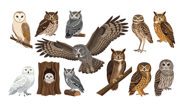 Owl species ornithology wildlife vector collection. Barn owl, snowy owl, flying eagle owl, owlet in tree hollow, perched screech owls and predatory forest birds.
