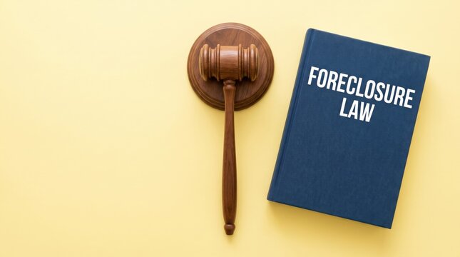 Foreclosure law book with wooden judge gavel, legal concept for property repossession and real estate litigation, justice system on yellow background