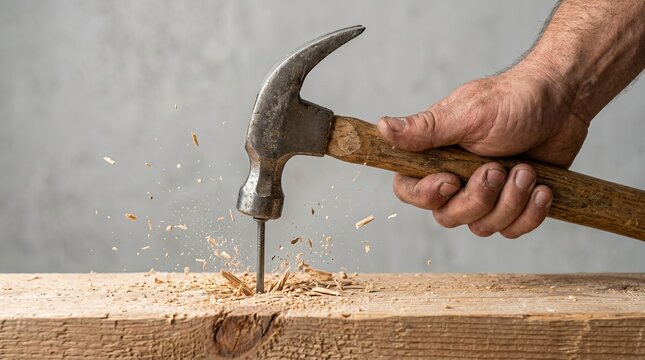 Close up of a man's hand driving a nail into a wooden plank with a hammer, wood splinters flying, carpentry and construction concept