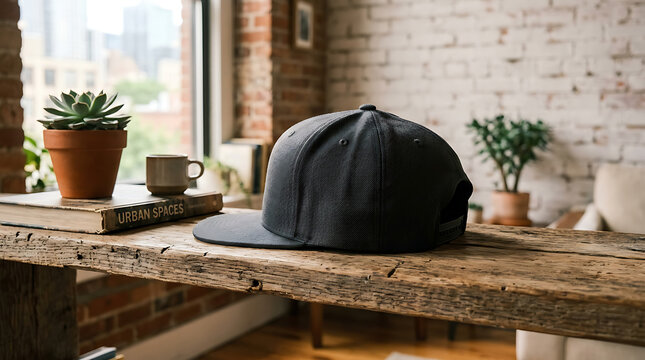 A sleek black baseball cap resting on a rustic wooden table surface.