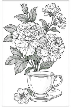 Botanical illustration with blooming peonies and a vintage teacup on a saucer, line drawing for coloring