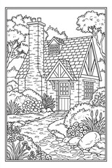 Naklejka premium Quaint English cottage building featuring a prominent chimney, dormer window, and front door, set in a natural landscape