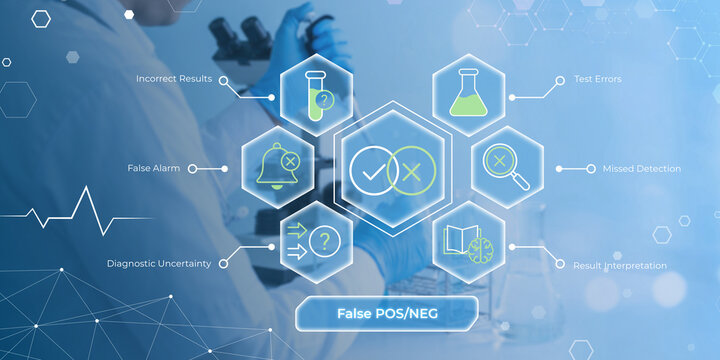 Medical diagnostic errors illustrated with false positive negative test results and laboratory analysis icons