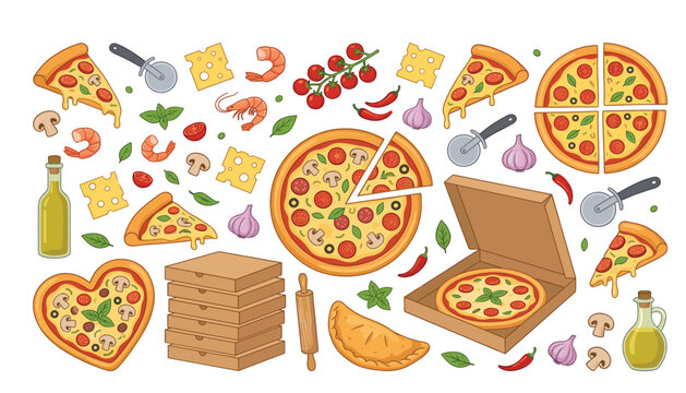 Pizza restaurant food vector element set. Whole pies, slices, delivery boxes, cutter wheels, cheese, mushrooms, tomatoes, shrimp, calzone and olive oil ingredients.