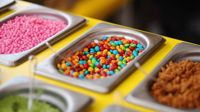 Colorful Candy Toppings in Trays at a Dessert Bar