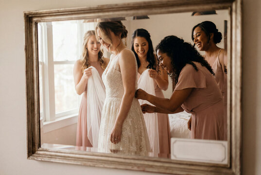 Bridesmaids helping the bride into her lace gown, seen in an antique mirror's reflection.