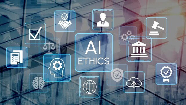Visual Representation of AI Ethics with Multiple Icons Symbolizing Technology, Law, and Responsibility in a Modern Workplace Setting. Entropy.