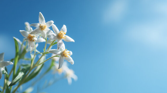 White Edelweiss Flowers Closeup Against Bright Blue Sky with Copy Space.