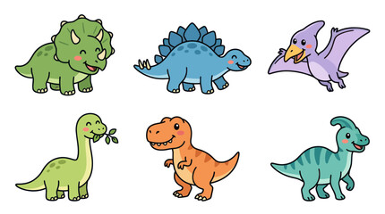 Cute Cartoon Dinosaurs Set - Triceratops, Stegosaurus, Pterodactyl, Brontosaurus, T-Rex © Joni