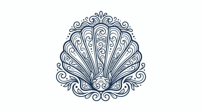 Ornate Scallop Shell Emblem, Vintage Nautical Illustration