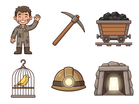 Flat vector set of a happy coal miner with a pickaxe, coal cart, canary, and helmet, isolated on white