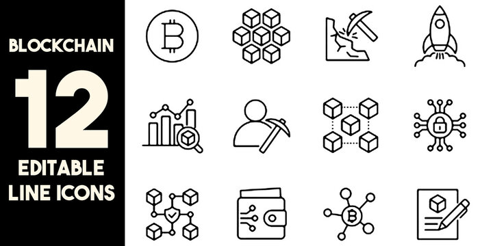 Blockchain Technology Icon Mining Cube Node Encryption Crypto Finance Set Data Cyber Digital Business Collection Distribution Payment.