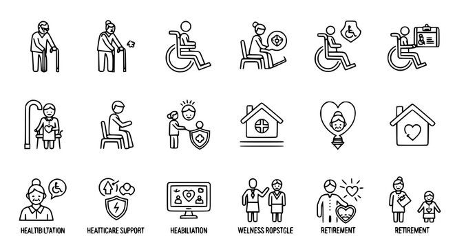 Elderly rehabilitation and retirement healthcare icon set with rehabilitation, mobility