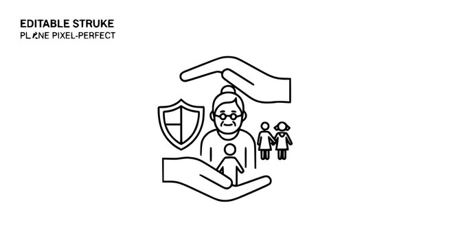 Line graphic illustration of protection and support for elderly and children