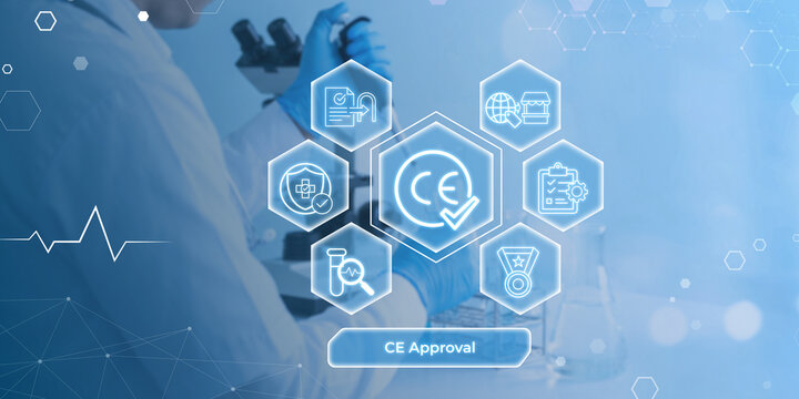Medical professional reviewing CE approval process with digital icons representing healthcare certification and compliance