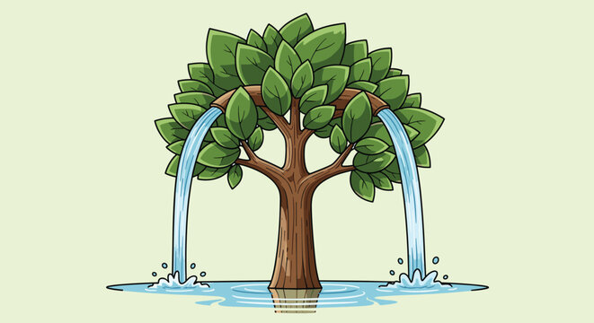Creative nature illustration of a tree trunk with two spouts pouring clean blue water into a pool representing natural water resources.