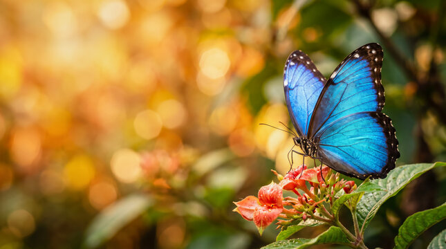 Blue Morpho Butterfly Feeding on Tropical Flower at Sunset