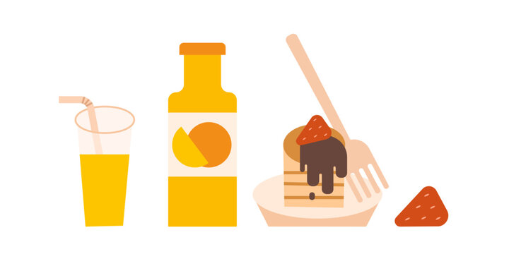 Breakfast collection with orange juice, pancakes, chocolate topping, strawberry and fork. Cute food set for menu design, cafe branding and kitchen themes. Flat vector illustration.