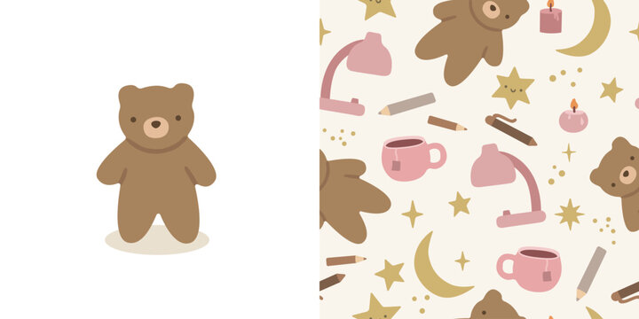 Cute teddy bear with cozy bedtime elements including tea, lamp, moon, stars and pencils. Seamless nursery pattern in soft pastel colors for fabric and decor. Flat vector illustration.
