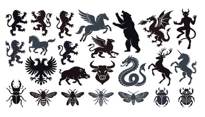 Heraldic animal and mythical creature silhouette set. Royal lions, eagle, pegasus, dragon, griffin, bull, bear and traditional coat of arms design elements. © Mahamuda Studio 