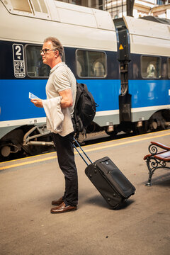 Mature businessman walking with luggage at railway station during business travel