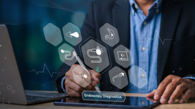 Medical professional using digital interface for endoscopy diagnostics and healthcare technology solutions
