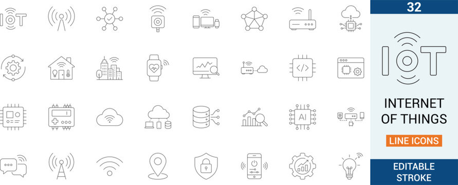 IoT internet of things vector line icon set. Featuring smart home automation, wireless sensor network and cloud technology.