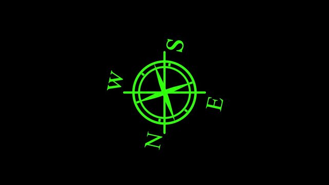 Green compass symbol rotates on black background with motion effect.