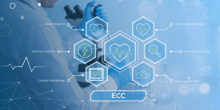 Modern illustration of electrocardiogram technology showing cardiac monitoring features and ECC functions in healthcare