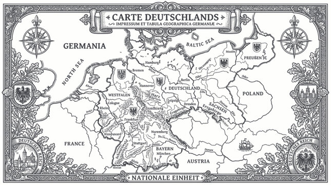Vintage Map of Germany (Deutschland) with Decorative Border - Historical Cartography